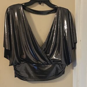 Gray Silver Dolman Sleeve Crop Wrap Blouse